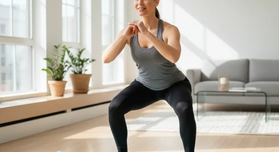Woman performing bodyweight squat in living room for home strength training