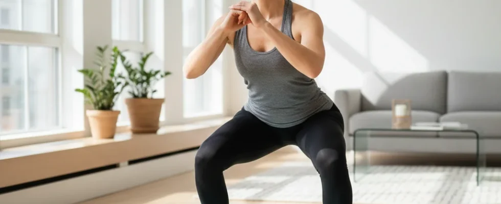Woman performing bodyweight squat in living room for home strength training