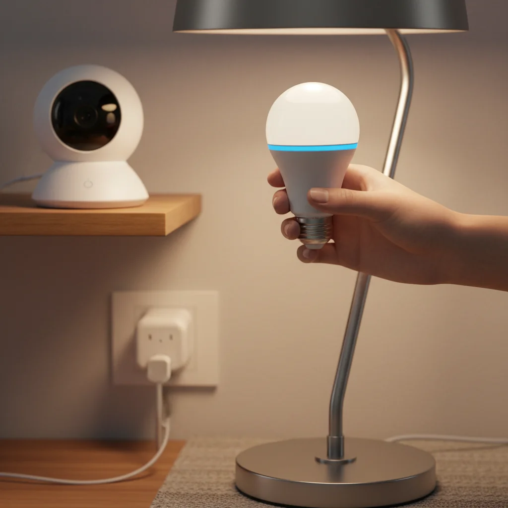 Hand screwing in a smart light bulb, demonstrating easy smart home setup