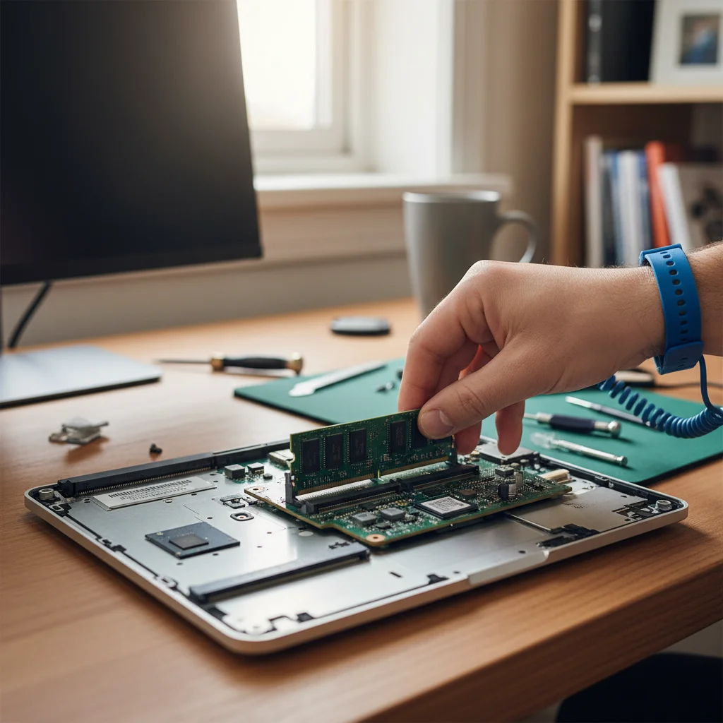 Upgrading laptop RAM by inserting a new memory stick into an open laptop.