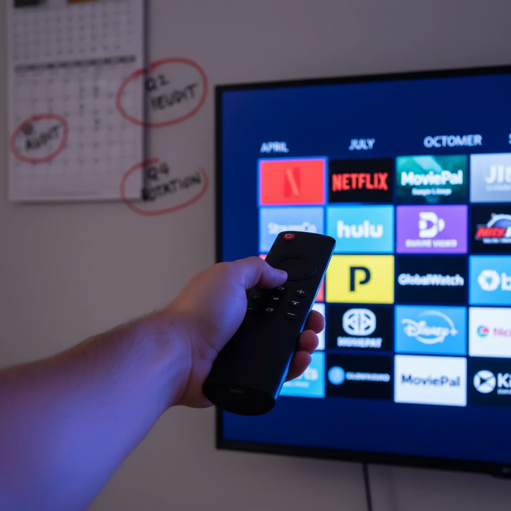 Hand holding remote control towards TV with streaming apps, calendar in background.