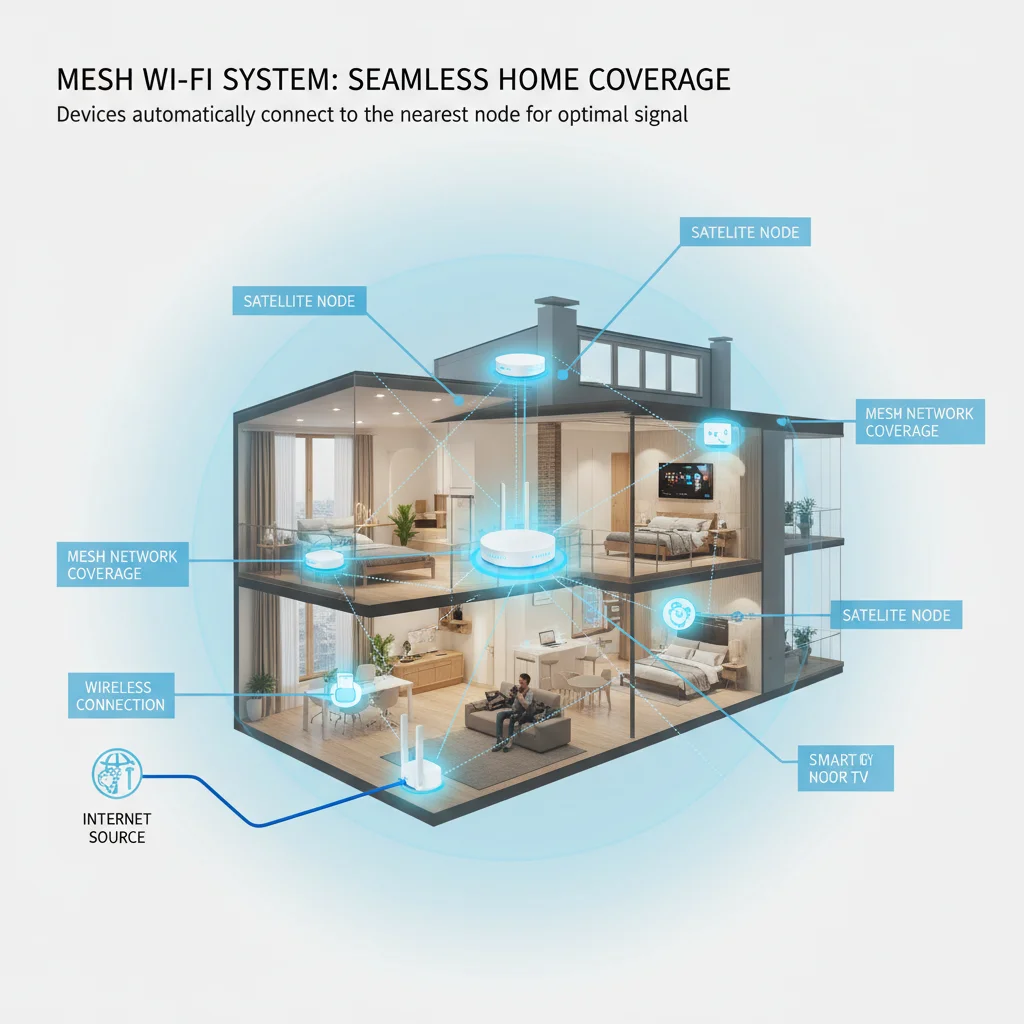 Diagram showing mesh Wi-Fi network coverage in a multi-story home