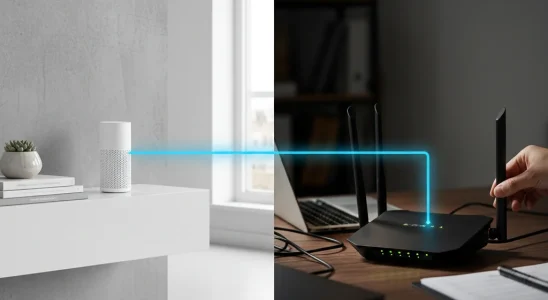 Mesh Wi-Fi node versus traditional router setup in a modern home