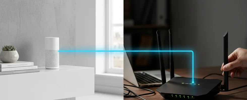 Mesh Wi-Fi node versus traditional router setup in a modern home