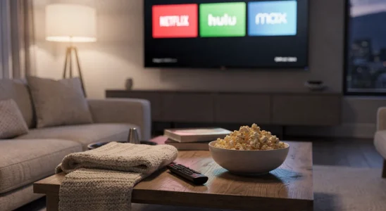 Smart TV screen displaying Netflix, Hulu, and Max streaming apps in a modern living room setting