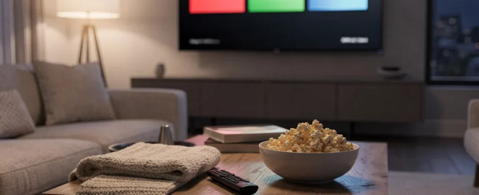 Smart TV screen displaying Netflix, Hulu, and Max streaming apps in a modern living room setting