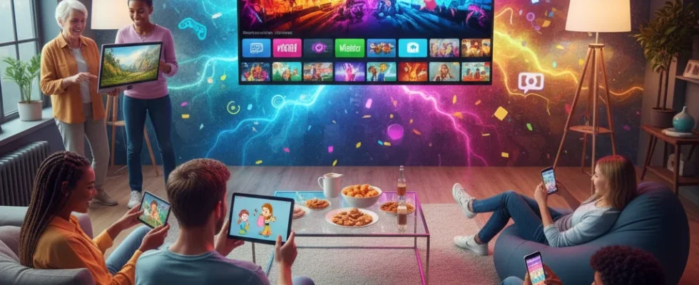 People enjoying various Free Ad-Supported Streaming Services on different devices.