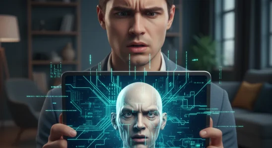 Person examining a potentially AI-generated image on a tablet