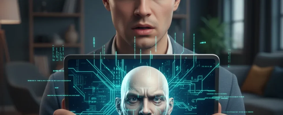 Person examining a potentially AI-generated image on a tablet