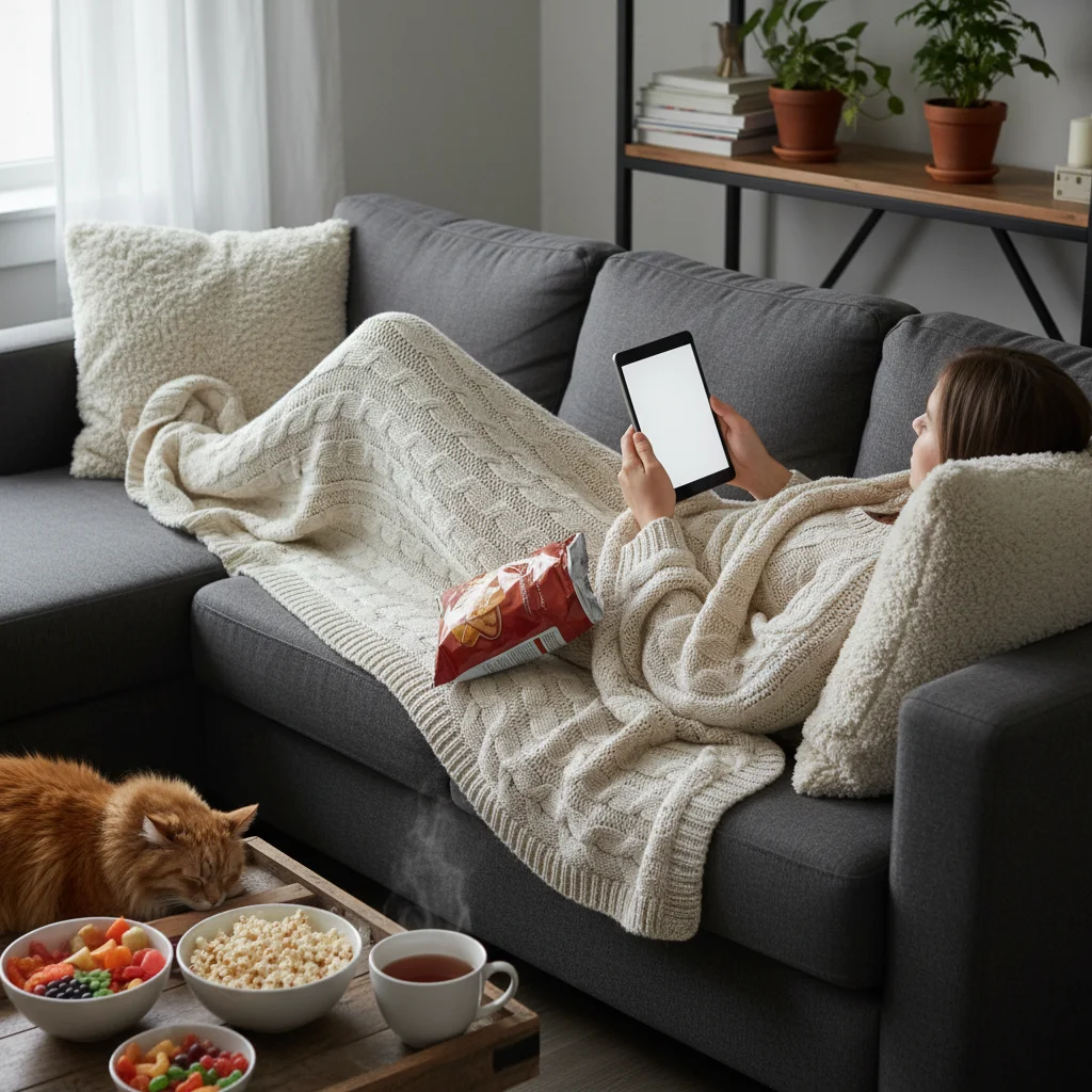 Person relaxing on a sofa with a soft blanket and entertainment