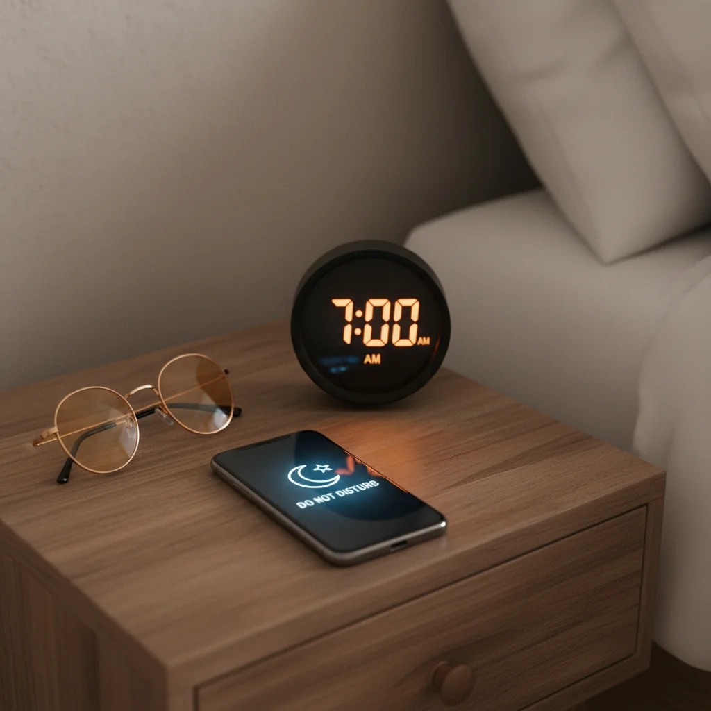 Smartphone on nightstand with 'Do Not Disturb' mode, blue light glasses