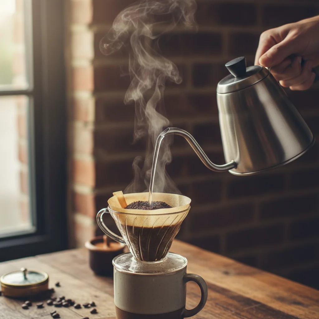 Person brewing pour-over coffee with a gooseneck kettle