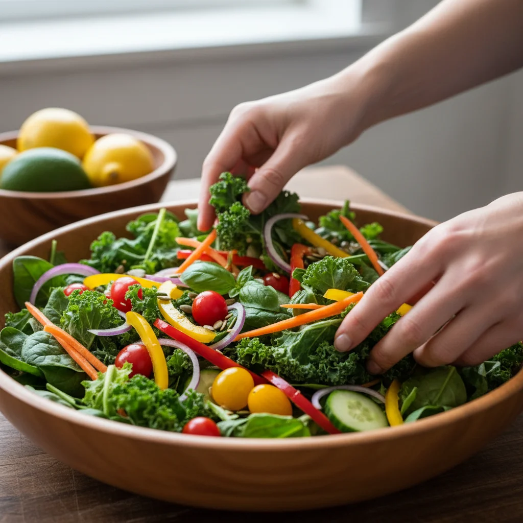 Person preparing a fresh, colorful vegetable salad