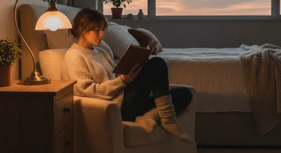 Person reading book in cozy bedroom, avoiding screen before sleep