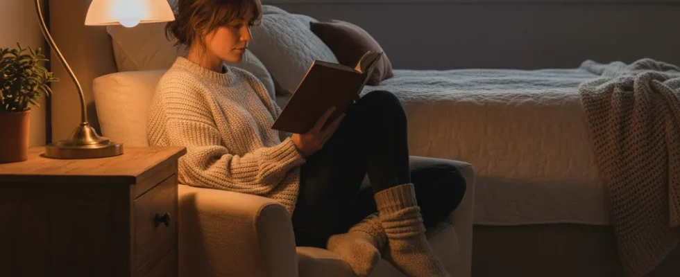 Person reading book in cozy bedroom, avoiding screen before sleep