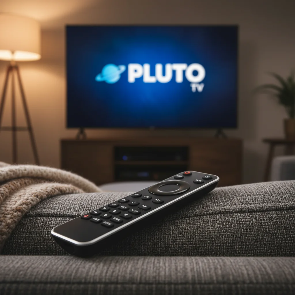 Remote control on a couch with smart TV displaying free streaming service.