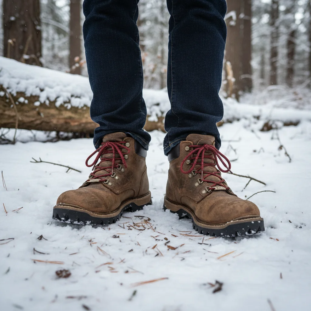 Man in jeans wearing rugged insulated leather winter boots in snow
