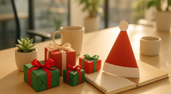 Secret Santa gift ideas under $25 for coworkers: small wrapped gifts on an office desk