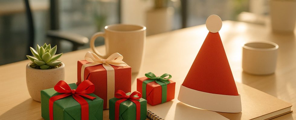 Secret Santa gift ideas under $25 for coworkers: small wrapped gifts on an office desk