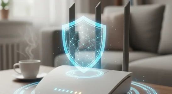 Modern Wi-Fi router with digital shield, symbolizing a secure home network.