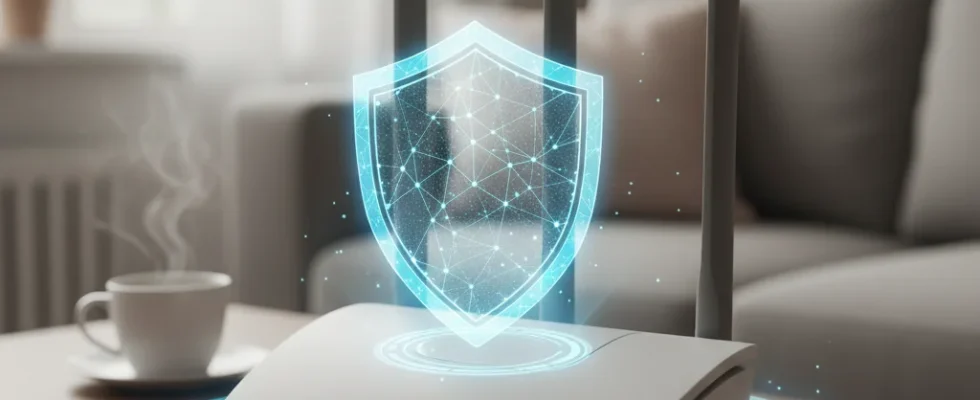 Modern Wi-Fi router with digital shield, symbolizing a secure home network.