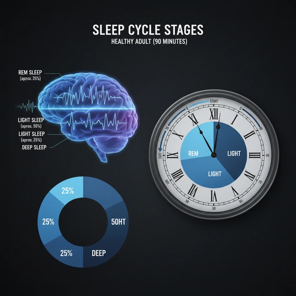 Infographic showing adult sleep cycle stages and durations