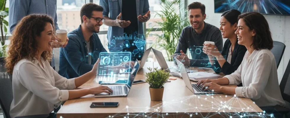 Small business owners using AI tools to collaborate and boost efficiency