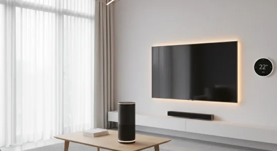 Modern living room with integrated smart home devices like speaker, lighting, and thermostat