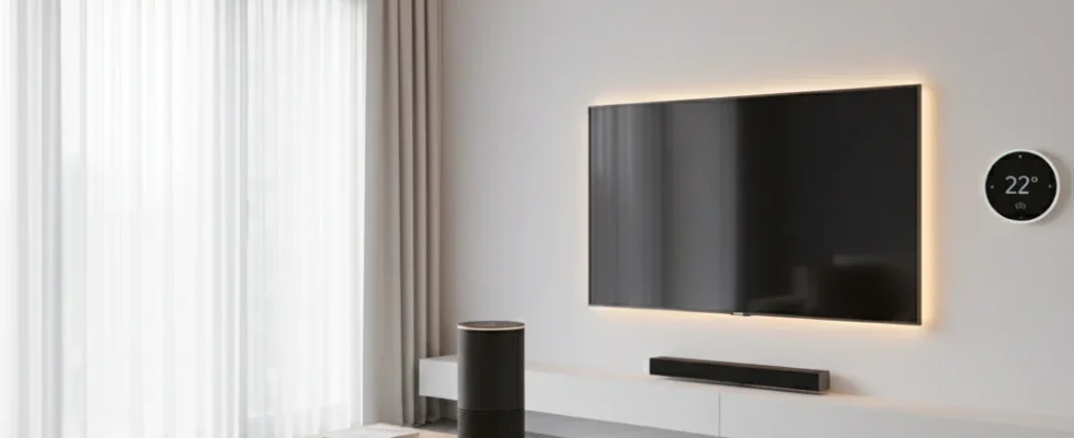 Modern living room with integrated smart home devices like speaker, lighting, and thermostat