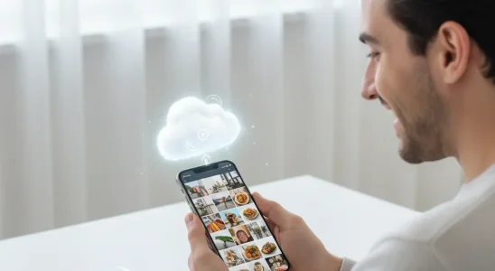 Smiling person viewing photos on smartphone with cloud backup symbol