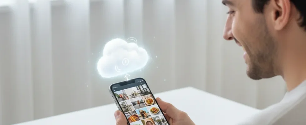 Smiling person viewing photos on smartphone with cloud backup symbol