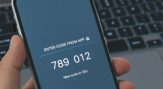 Smartphone showing 2FA code, enhancing account security