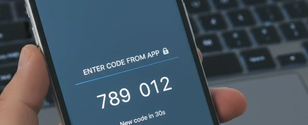 Smartphone showing 2FA code, enhancing account security