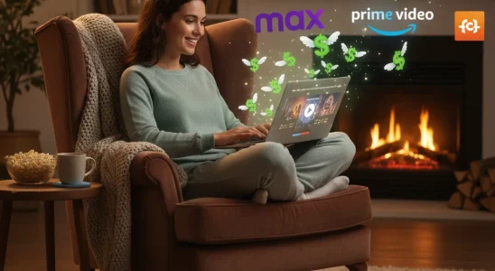 Woman smiling while watching streaming content on laptop, surrounded by streaming service logos and dollar signs.