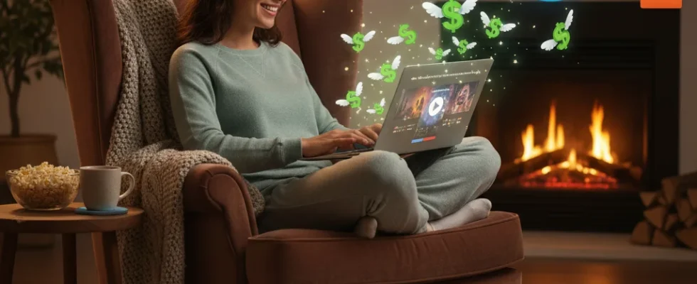 Woman smiling while watching streaming content on laptop, surrounded by streaming service logos and dollar signs.