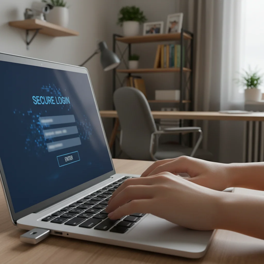 Hands typing a strong, unique password on a laptop for Wi-Fi security.