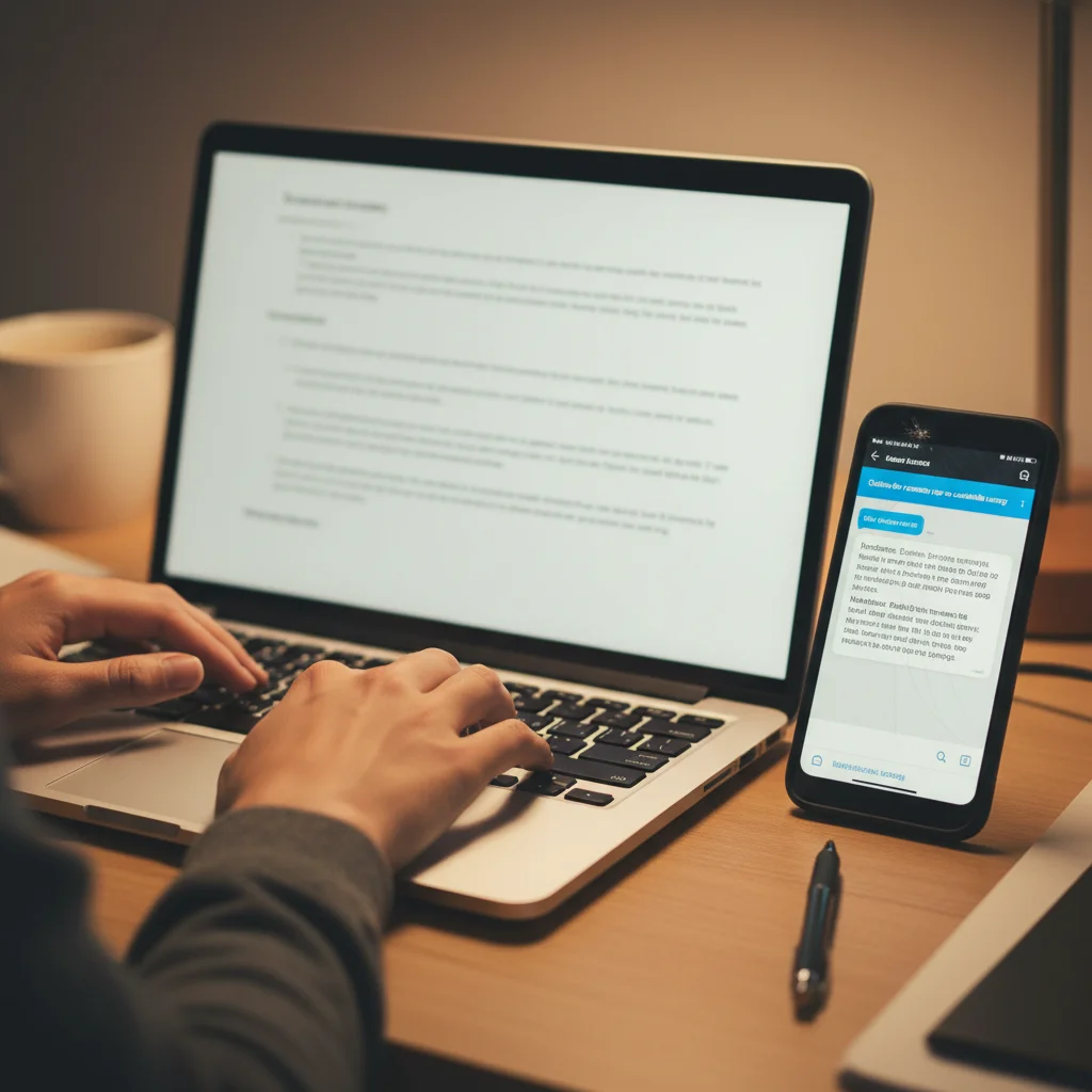 Student's hand typing on laptop with AI chatbot on phone