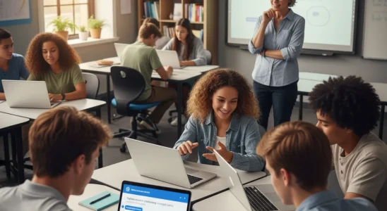 Students using AI homework help in a modern classroom setting