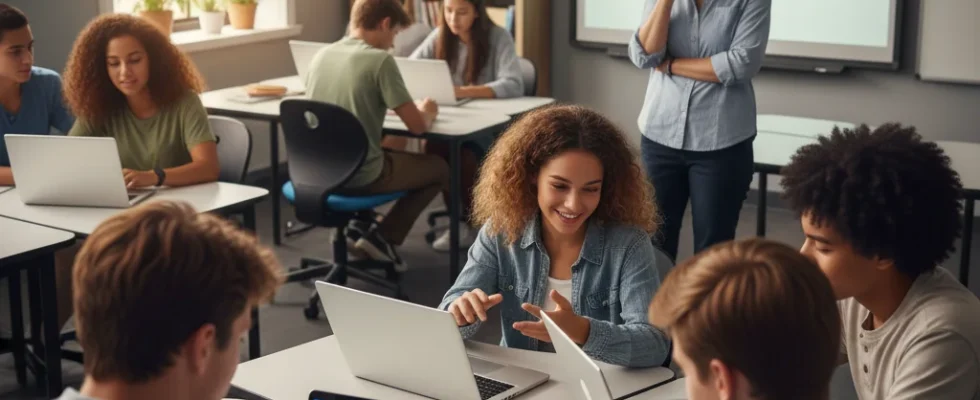 Students using AI homework help in a modern classroom setting