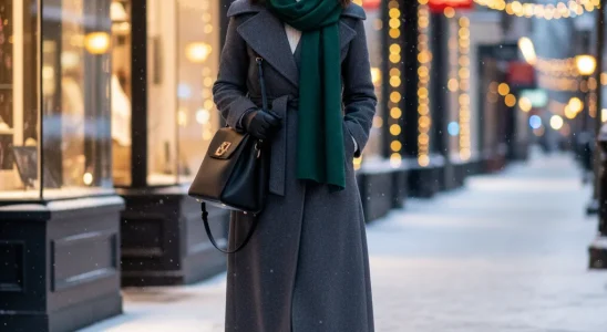 Stylish woman in black winter coat and sleek waterproof boots walking on snowy city sidewalk