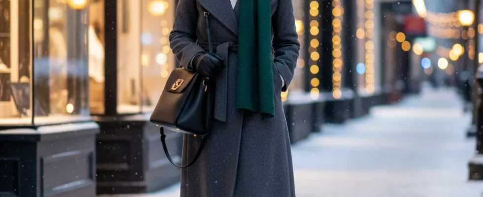 Stylish woman in black winter coat and sleek waterproof boots walking on snowy city sidewalk