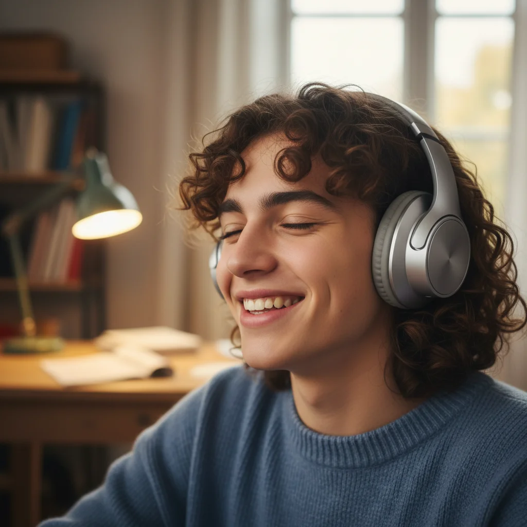 Teen enjoying music with wireless headphones