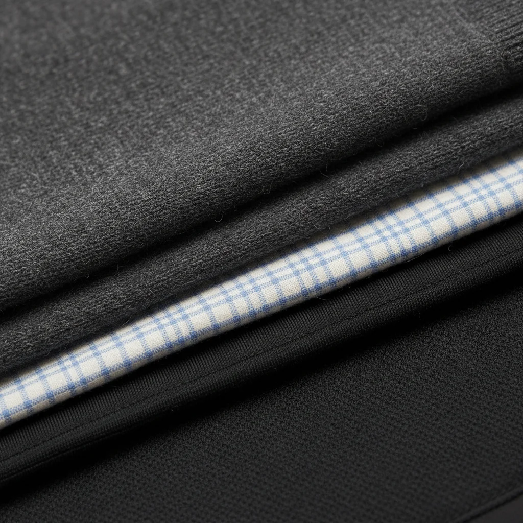 Close-up of thin, high-quality layered fabrics like cashmere and merino wool