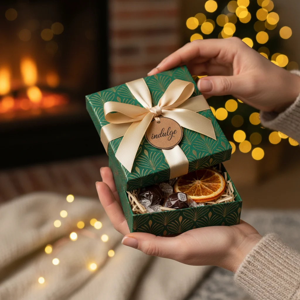 Thoughtful small gift being unwrapped from a stocking