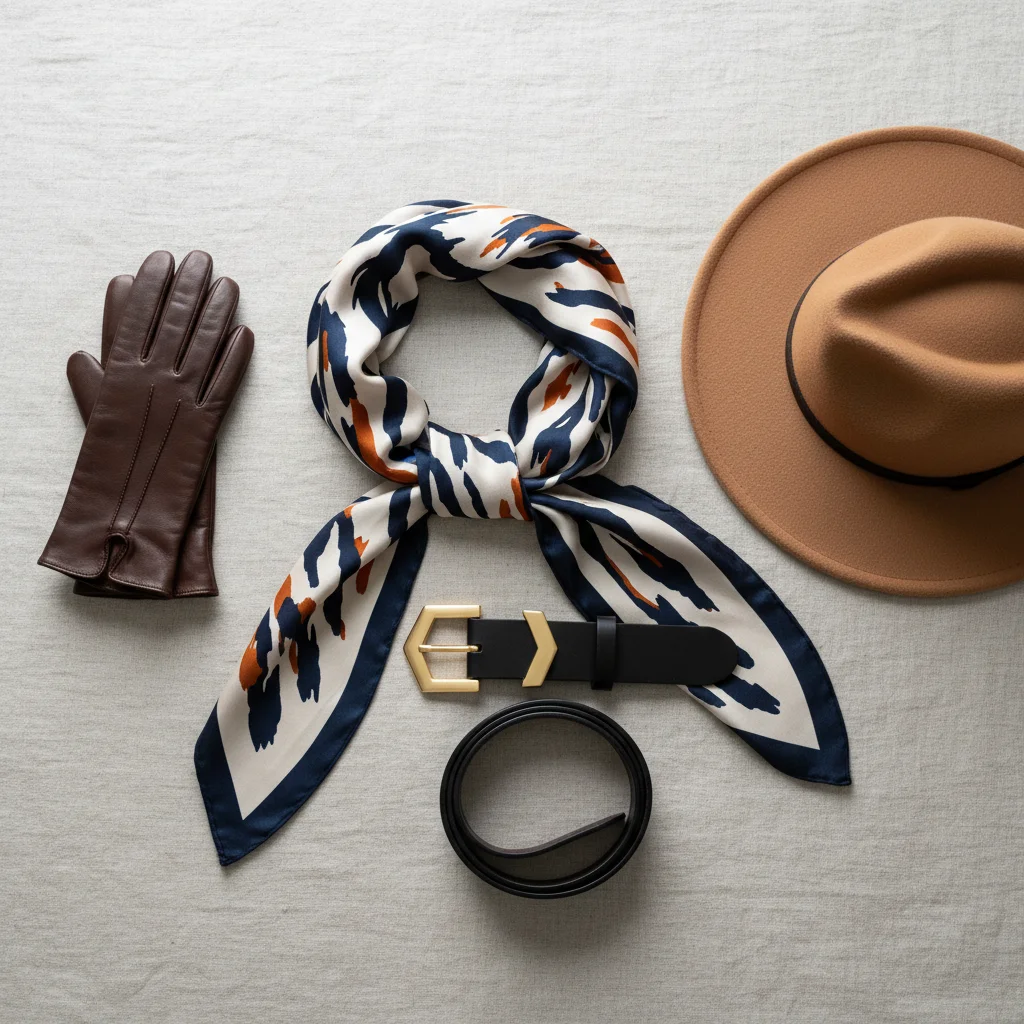 Trench coat accessories including silk scarf and leather gloves