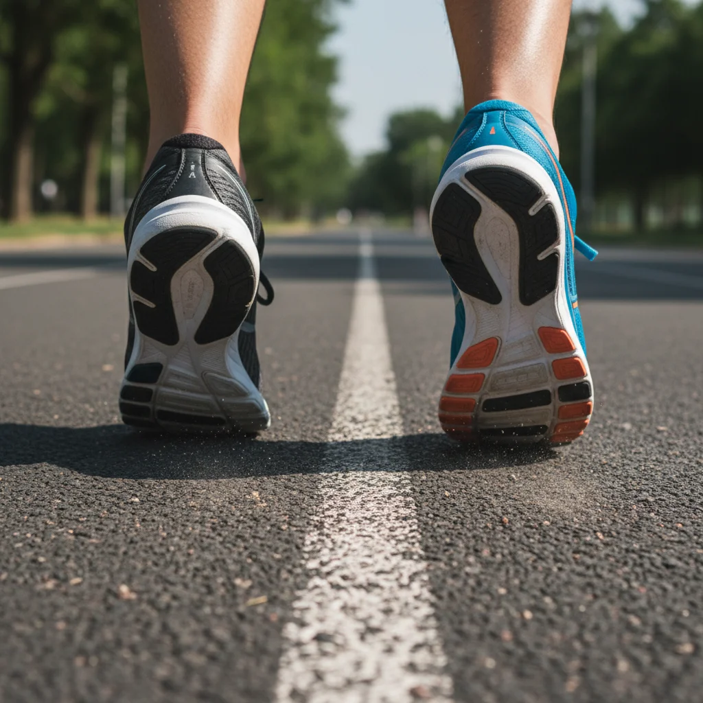 Feet in athletic shoes, one walking, one running, on a track.