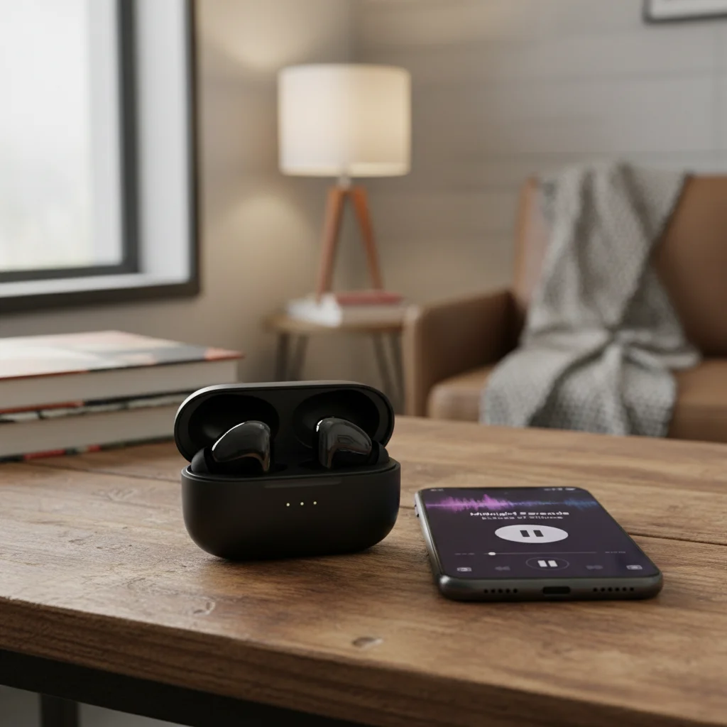 Wireless earbuds in charging case next to a smartphone