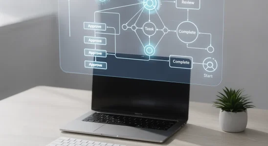 Digital concept visualization of an autonomous AI agent completing multi-step tasks across workflow platforms.