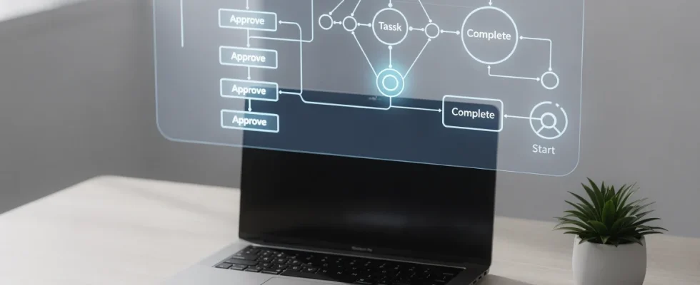 Digital concept visualization of an autonomous AI agent completing multi-step tasks across workflow platforms.