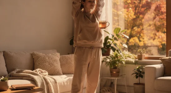Woman stretching in morning sunlight near window to boost natural energy during fall